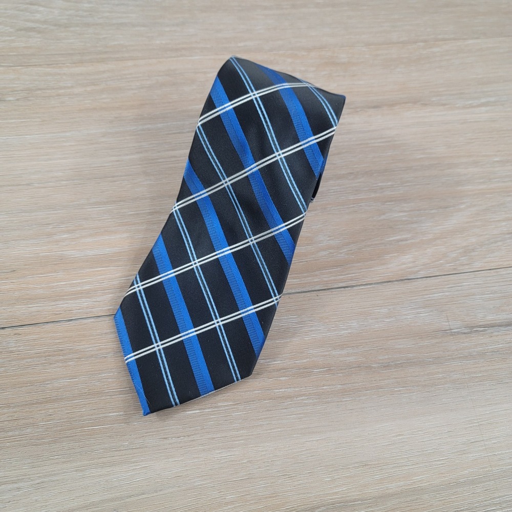 Arrow USA 1851 Mens Plaid Necktie Black Blue White Classic Pattern Tie